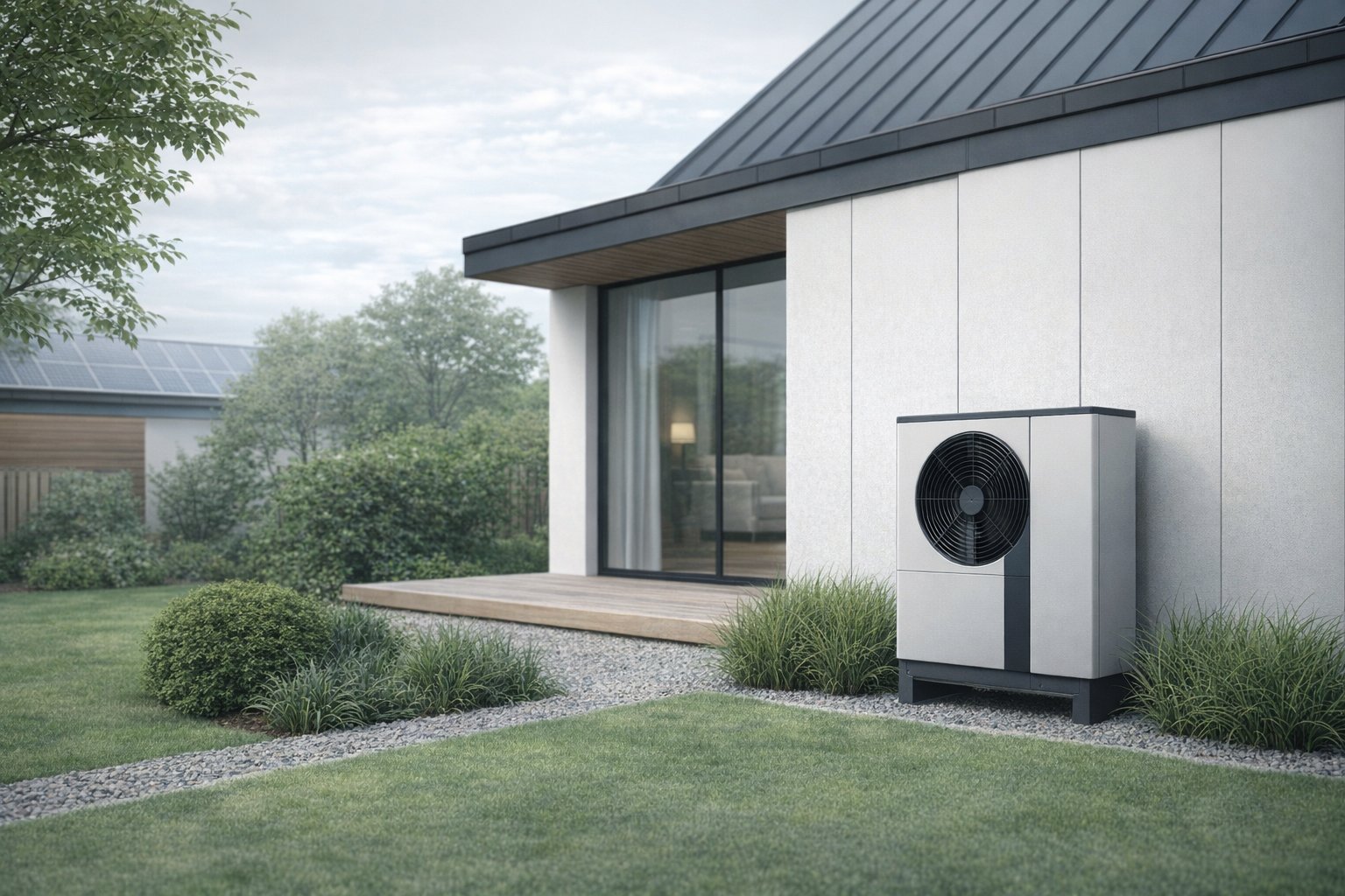 Vonkajšia jednotka tepelného čerpadla pri rodinnom dome