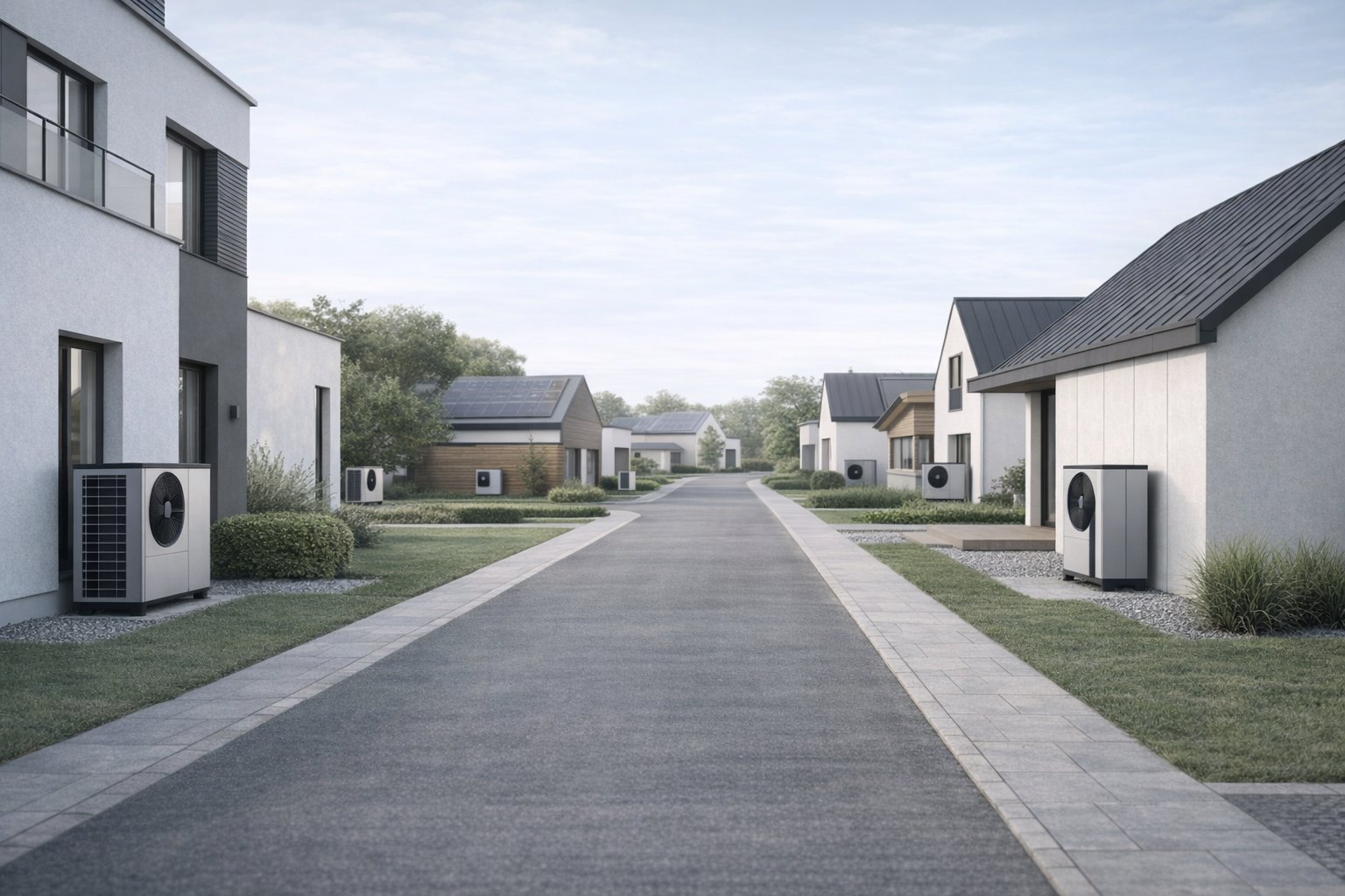 Moderná obytná štvrť s viacerými inštaláciami tepelných čerpadiel