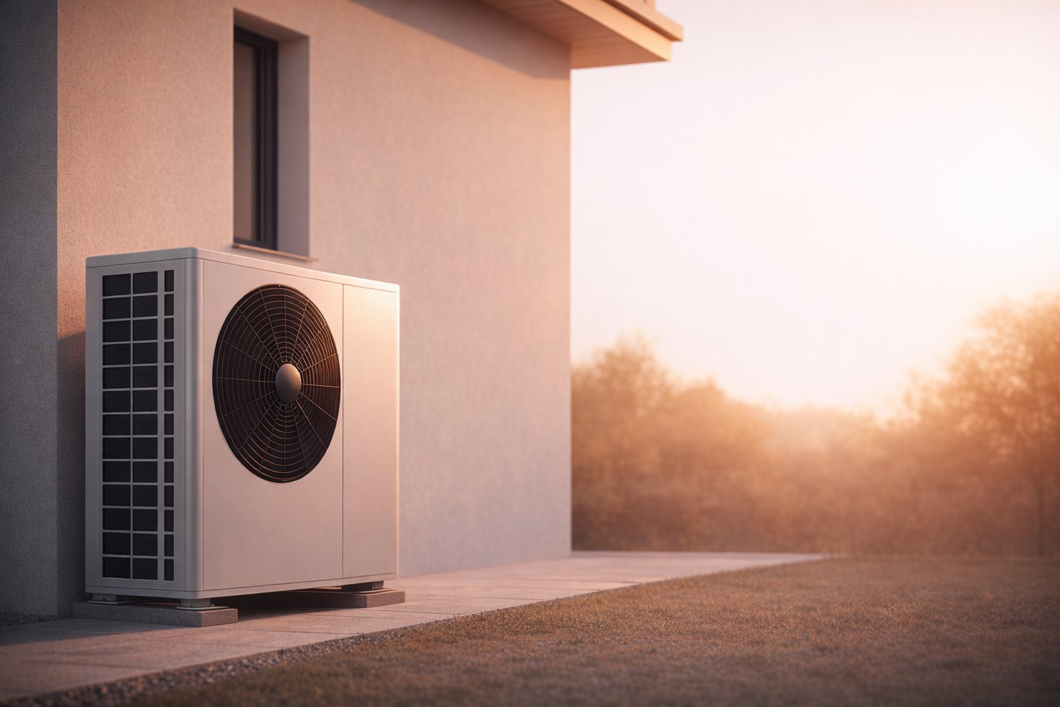 Tepelné čerpadlo pri rodinnom dome počas západu slnka